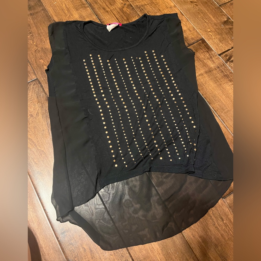 Body Central black bedazzled short sleeve shirt, half sheer back.